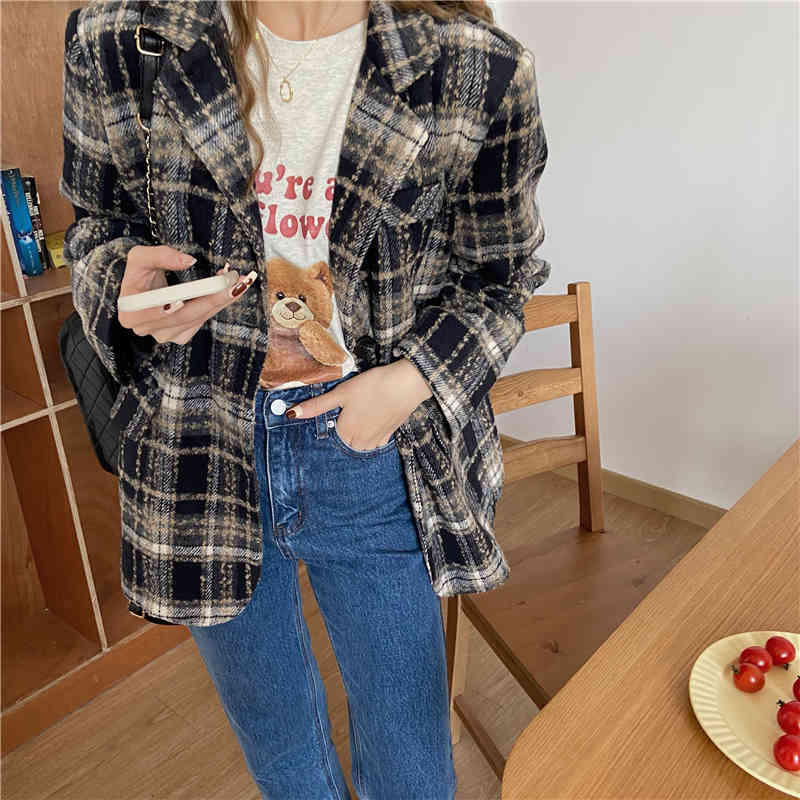 Plaid Office Lady Color-Hit Coats Stylish Women Arrival All Match OL Streetwear High Quality Jackets Blazers 210421