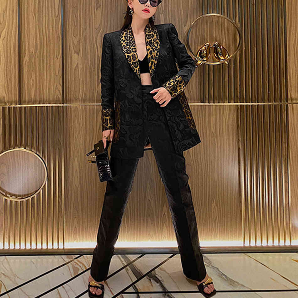 Summer Suit High Quality Leopard Print Lapel Belt Blazer + Jacquard Long Two-Piece Pants Sexy Office Lady Set 210525