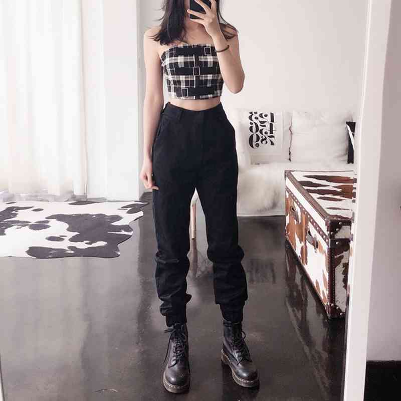 vintage chain black cargo pants women high waist joggers baggy trousers streetwear plus size 210521