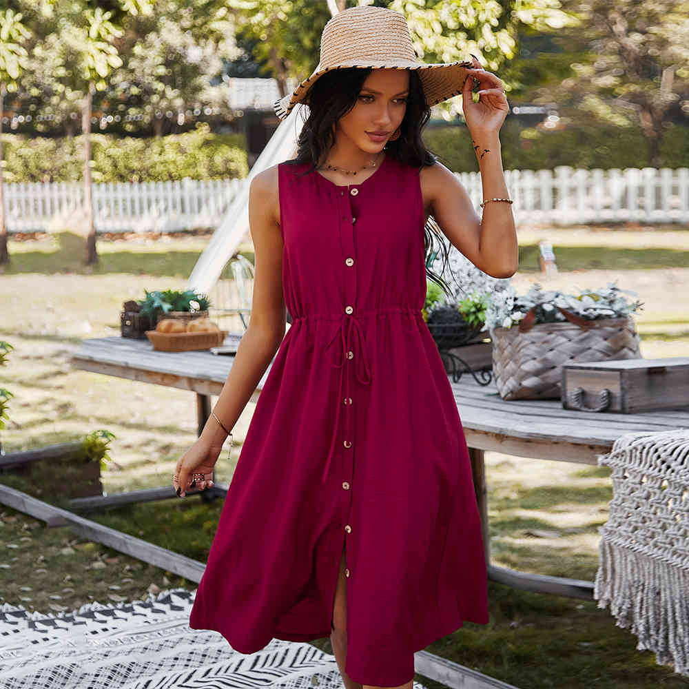 Women Dress Spring Summer Shirt Dress Solid Color Casual Sleeveless Lace Up Long Dress Woman Buttons Loose Holiday Dresses 210521, Burgundy
Women Dress Spring Summer Shirt Dress Solid Color Casual Sleeveless Lace Up Long Dress Woman Buttons Loose Holiday Dresses 210521, Burgundy