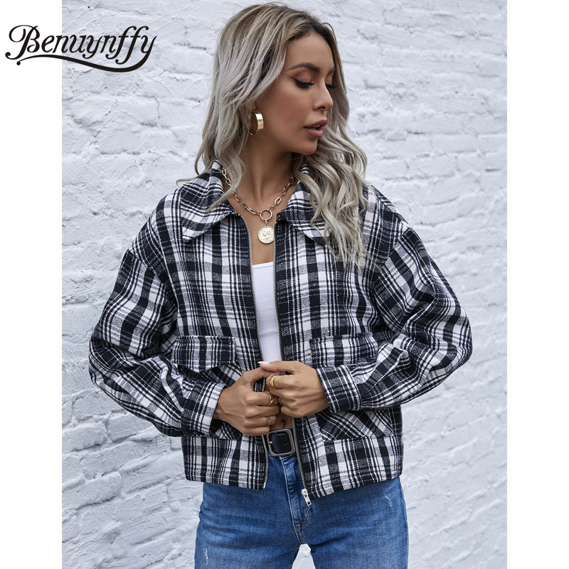 Turndown Collar Tartan Plaid Jacket Coat Women Autumn Vintage Drop Long Sleeve Zipper Ladies Short Outerwear 210510