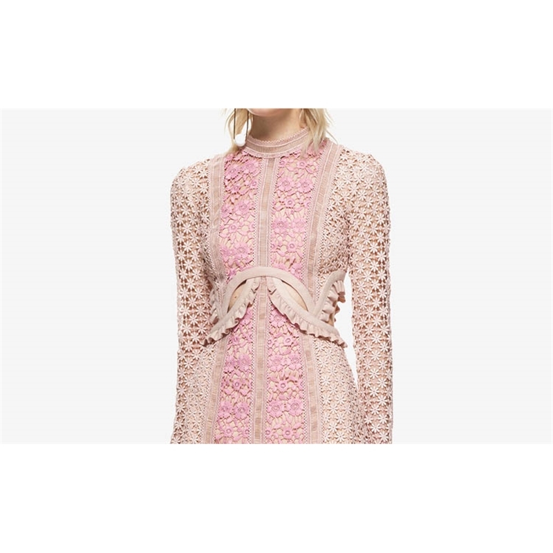 High Quality Spring Autumn Runway Dress Long Sleeve Cute Pink Embroidery Women Patchwork Lace Dresses 210520