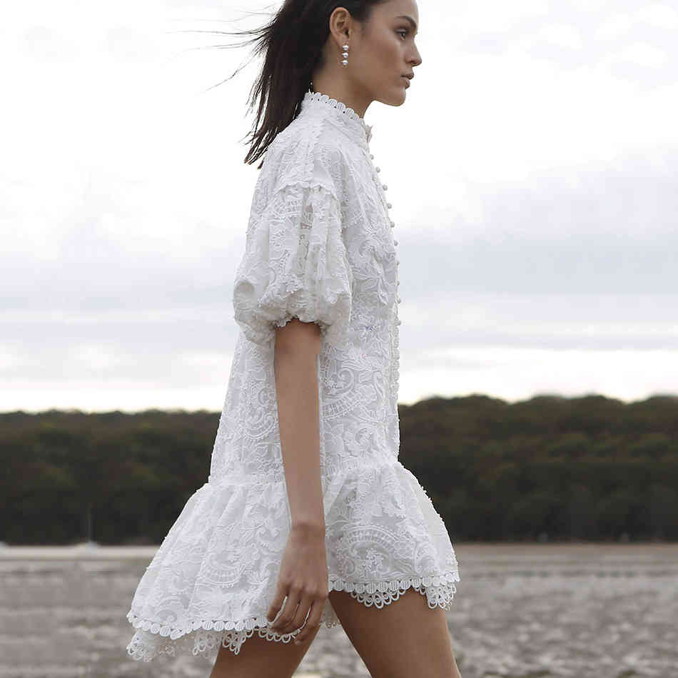 Free Summer White Printed Dress Women's Elegant Lantern Sleeve Single-breasted A-line Club Party Vestido 210524