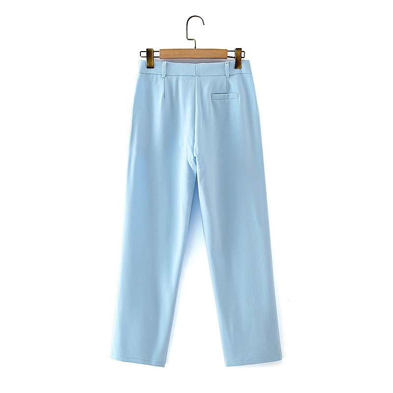 causal women polyester and cotton trousers summer ladies stylish straight pants female solid blue chic 210527