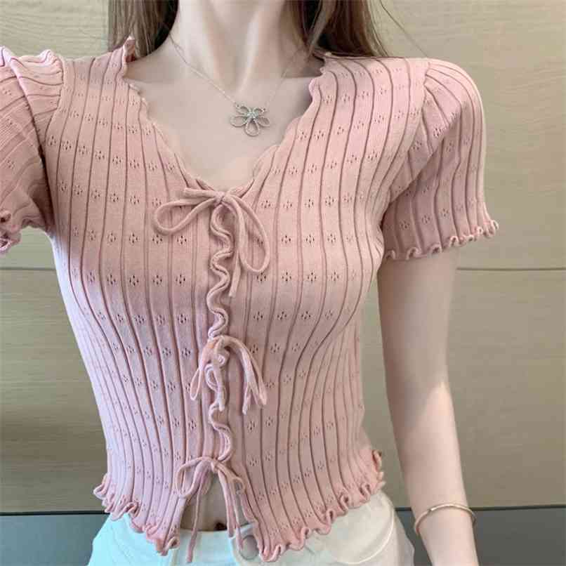 Short Knitted Women's Top Summer V-neck Sleeve Hollow out Wave Lacing Wooden ear Thin Sweater T-shirt 210602, Pink
Short Knitted Women's Top Summer V-neck Sleeve Hollow out Wave Lacing Wooden ear Thin Sweater T-shirt 210602, Pink