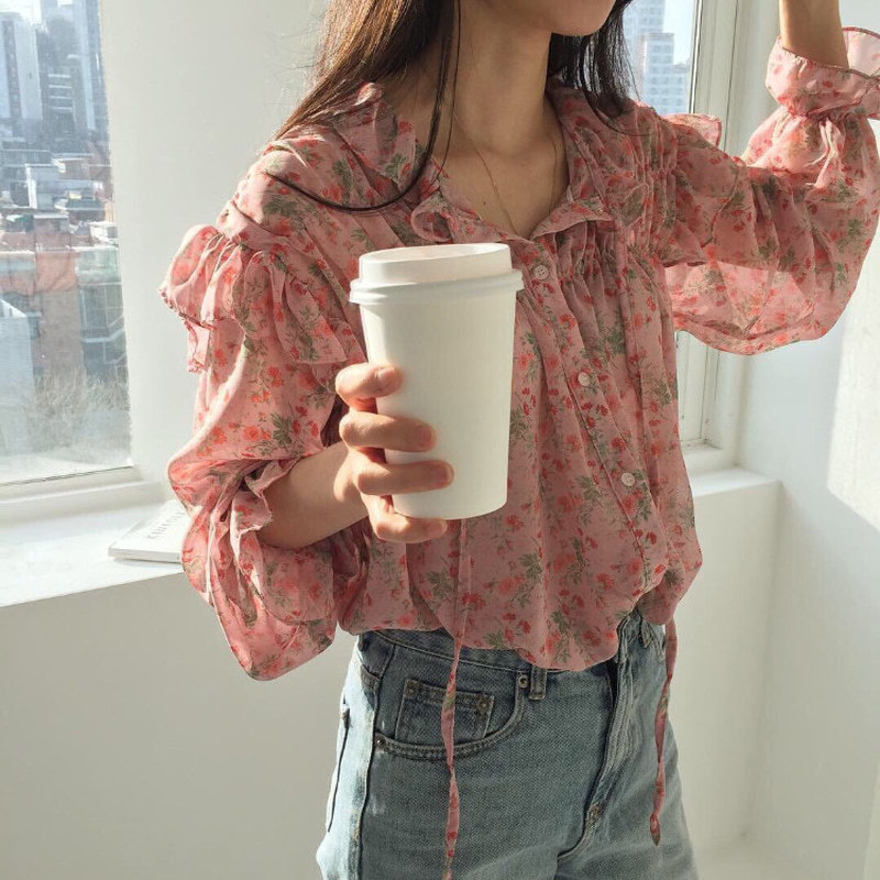 Long Sleeve Woman's Blouses Printed Wild Chiffon Blouse Autumn Korean Clothes Vintage Ruffled Pink Shirts Woman 10336 210427