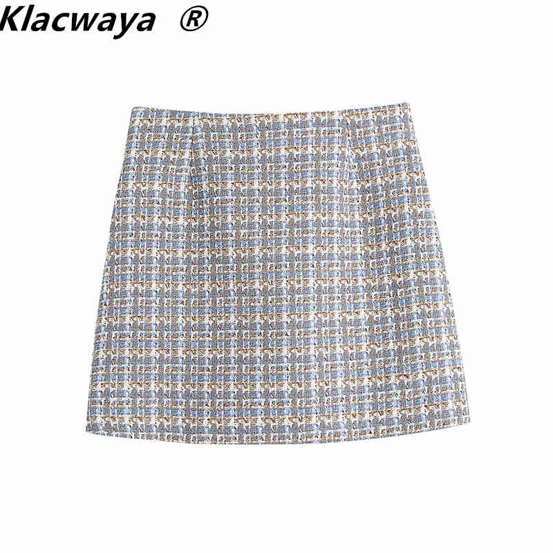 Women Chic Fashion Front Slits Tweed Mini Skirt Vintage High Waist Side Zipper Female Skirts Mujer 210521
