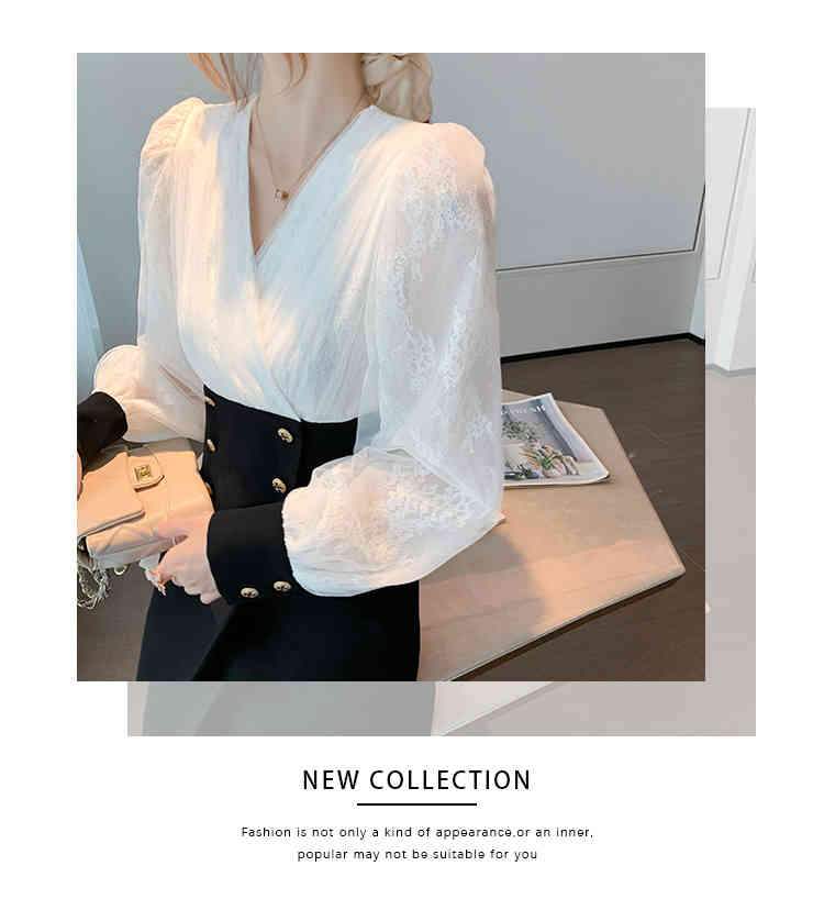 Autumn Women Vintage white Lace Patchwork Mini Dress Elegant Office OL double-breasted Slim Dress Woman Vestidos 210518