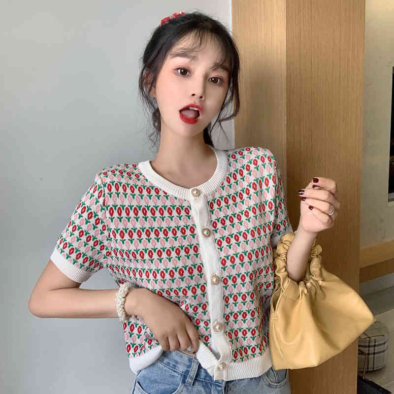 Lucyever Summer women fashion printing O-Neck sweater Casual elastic single-breasted shirt woman Sweet loose Knitted shirt lady 210521