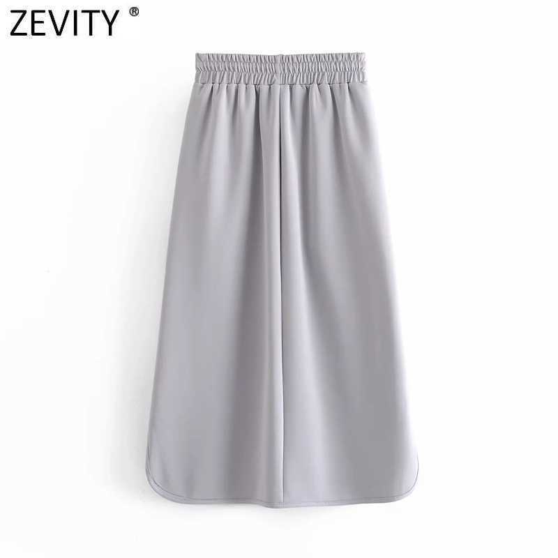Zevity Women Fashion Solid Color Elastic Waist Sarong Skirt Faldas Mujer Female Split Vestido Pockets Straight Skirts QUN711 210603
