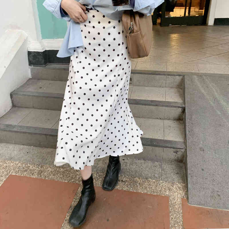 Polka Dots Elegant Vintage Fashion Feminine Chic Retro Female OL Slim Regular A-Line Women High Waist Long Skirt 210421