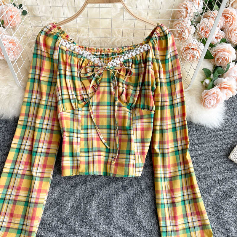 Women Fashion Vintage Ins V Collar Long-sleeved Check Short Shirt Tops Clothing Ropa De Mujer Blouse R739 210527