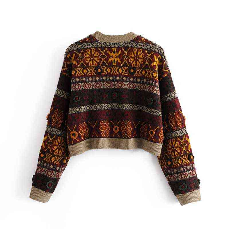 Vintage 3D Flower Jacquard Geometric Knitted Cardigan Retro Ugly Sweater Woman Single-breast Button Long sleeve Short Jumper 211117