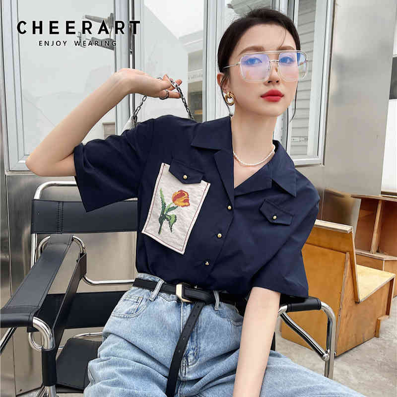 Summer Fashion Royal Blue Shirt Wome Short Sleeve Patch Button Up Collared Lapel Casual Top And Blouse 210427