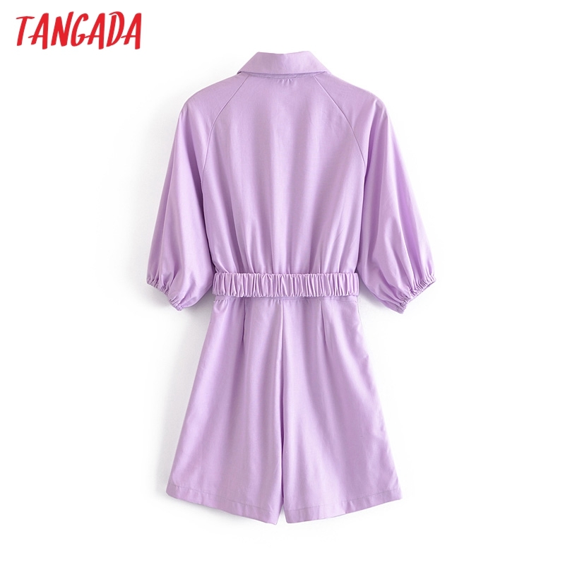 Women Summer Purple Playsuits with Belt Elastic Waist Short Sleeve Rompers Ladies Casual Chic Jumpsuits JE05 210416