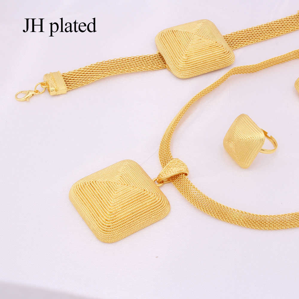 Dubai gold 24K Jewelry sets for women African bridal Wedding gifts party Necklace square earrings ring bracelet jewellery set Y200810