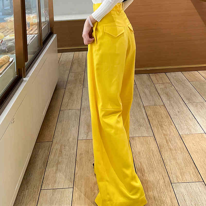 Blue Ruched Casual Trouser For Women High Waist Loose Minimalist Joker Wide Leg Pants Female Fashion Clothes 210521