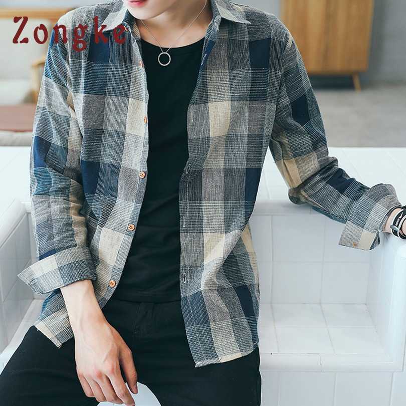 Zongke Plaid Men Shirt Long Sleeve Cotton Linen Japanese Streetwear 5XL Casual Clothes 210721