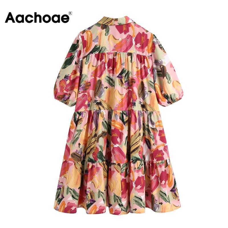 Aachoae Women Vintage Printed Mini Dress Summer Puff Short Sleeve Chic Dresses Turn Down Collar Loose Shirt Dress Vestidos 210630