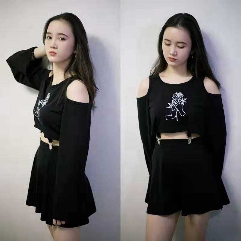 NiceMix Harajuku Women's Dress Handheld Rose Embroidery Black Short Mini A-Line Punk Style Dress Female Sets Two Pieces 210708