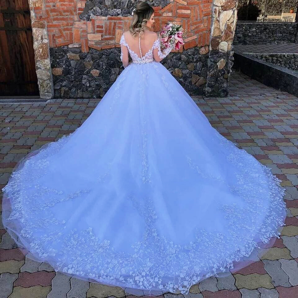 White Princess Ball Gown Wedding Dress Sheer Crew Neck 2022 Lace Appliques Long Sleeves Garden Wedding Gowns Plus Size Bride Dresses Robe De Mariee