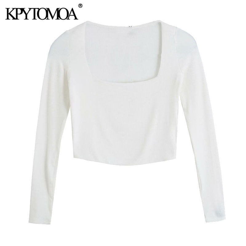 Women Chic Fashion Fitted Cropped Knitted T-Shirt Vintage Square Collar Long Sleeve Female Tops Mujer 210416