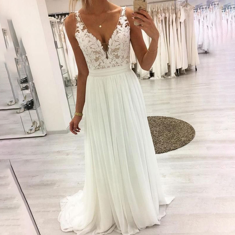 2021 Simple A Line Wedding Dresses New Sleeve Lace Applique V Neck Floor Length Chiffon Wedding Gowns Party Dress