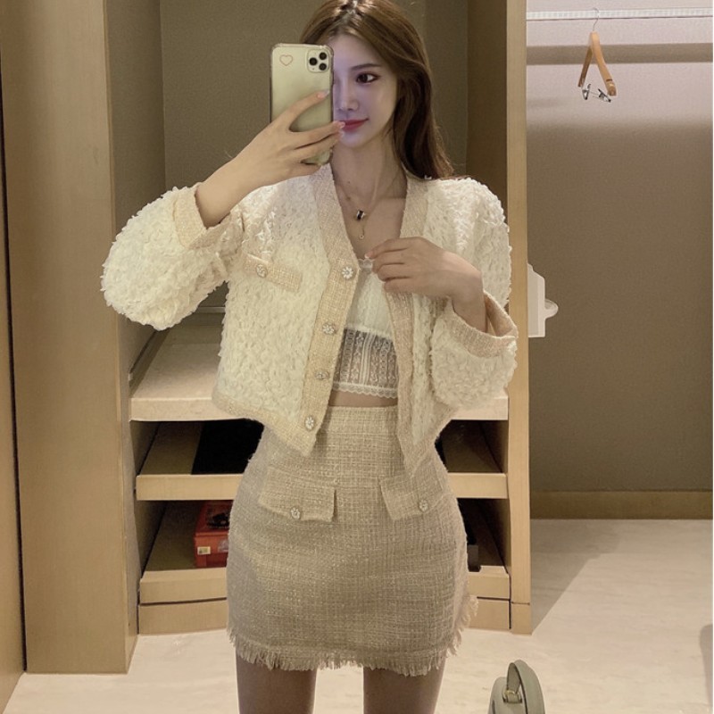 Spring Women 2 Pieces Sets Korean Fashion Elegant Single-Breasted Coat + High Waist Tassel Tweed Mini Skirts Outfit 210519