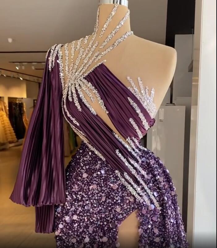 2021 Arabic Aso Ebi Purple Sequined Prom Dresses Beaded High Split Evening Formal Party Second Reception Gowns vestido de novia