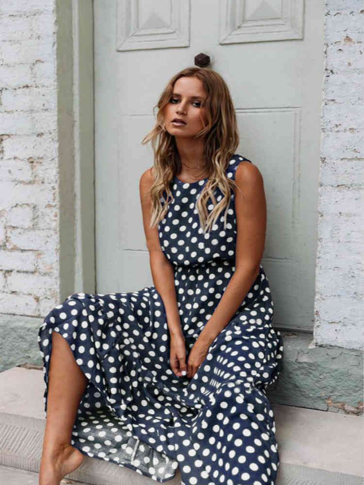 Sleeveless Yellow Polka Dot A Line Dress Women High Waist Summer Maxi es Vintage Sundress Loose Casual Long Lady 210522
