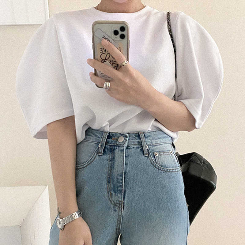 Korejpaa Women T-shirt Korea Summer Simple Basic Round Neck Loose & Versatile Casual Solid Color Bubble Sleeve White Tee Top 210526