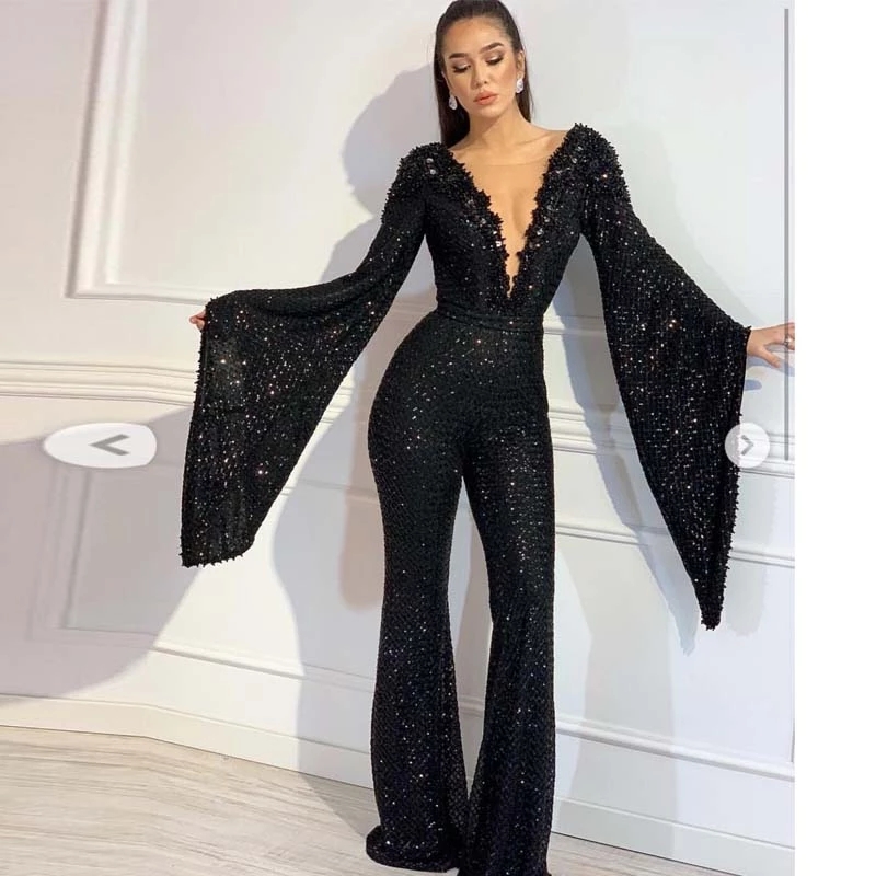 Modest Black Jumpsuit Dresses Scoop Neck Flare Sequined Arabic Dubai Evening Gown Customized Outfit Prom Dress 0220