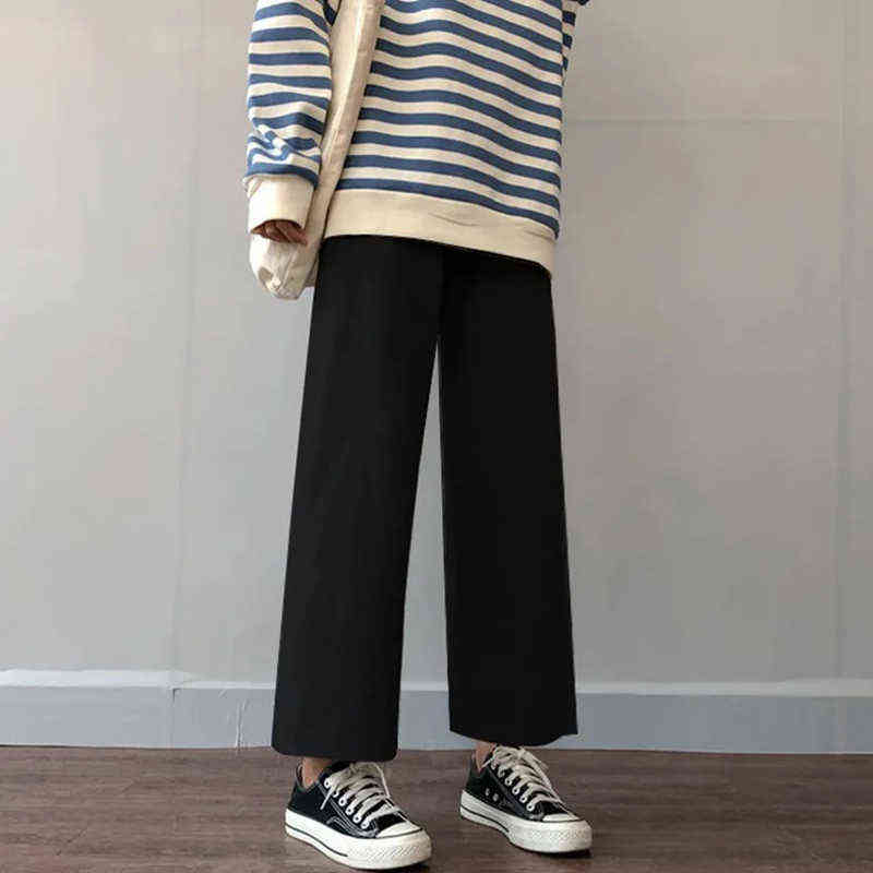 Cusual Pant Spring Summer Anklelength Loose Wide Leg Elastic High Waist Oversize Black Simple Comfortable Elegant Ladies 211124Z