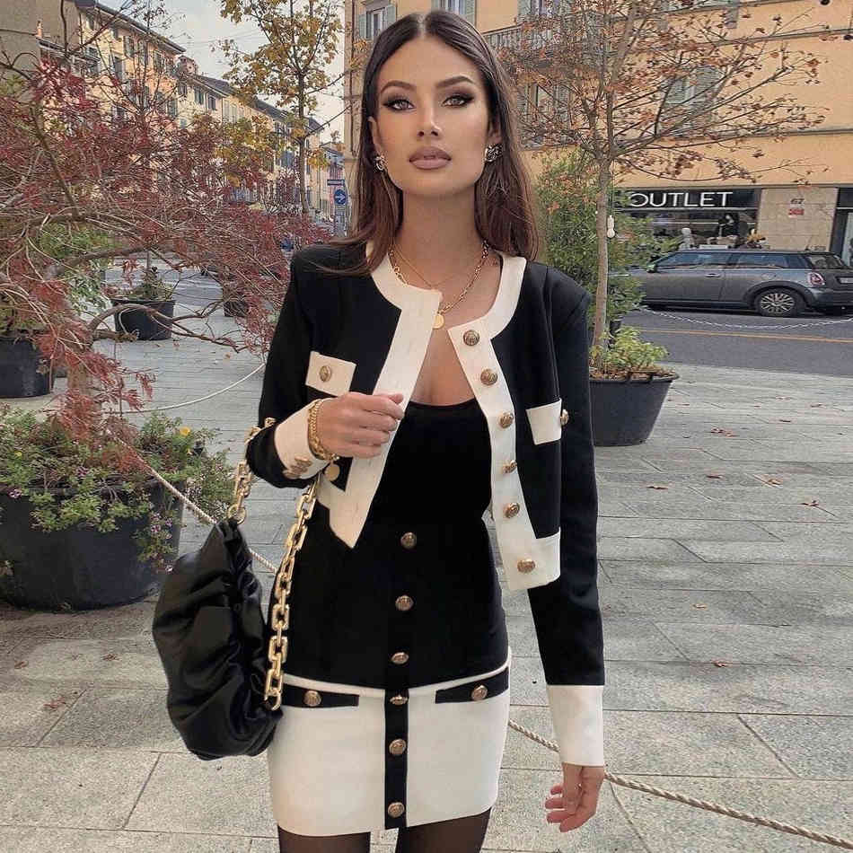Winter Women Patchwork Bandage 2 Two Piece Sets Sexy Long Sleeve Top& Mini Skirt Buttons Celebrity Club Party Set 210423
