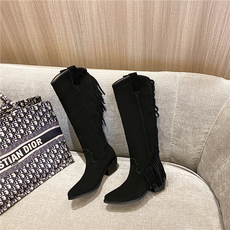 Real Leather Knee High Boots Woman Heel Western Thick Shoes Fringe Pointed Toe Ladies Long Black 210517