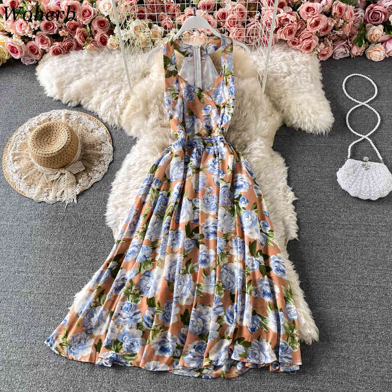 Chiffon Floral Dress Women Summer Robe V Neck Sleeveless Off Shoulder Dresses Korean Temperament Vintage Maxi Vestido 210519