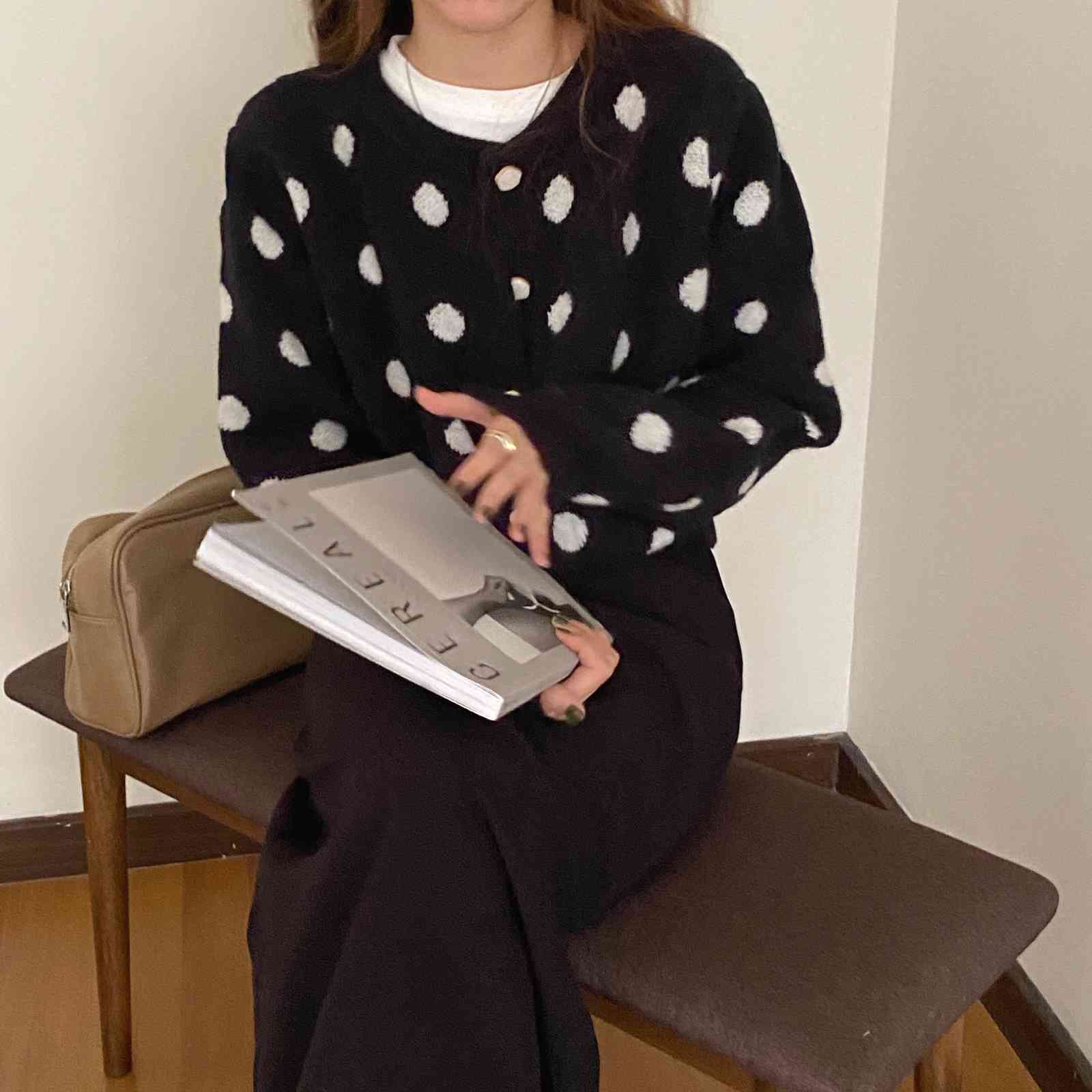 OL Outwear Tops Loose Dot Print Sweater Women Autumn Winter Elegant Long Sleeve Knitted Cardigan Female Sweaters 210421