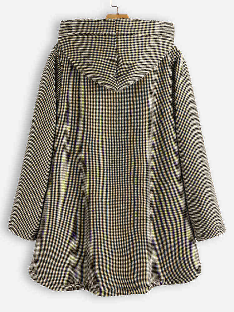 Coat Autumn And Winter Women's Plaid Loose Plus Velvet Buttons High Street Hooded Jacket Manteau Femme En* 211104