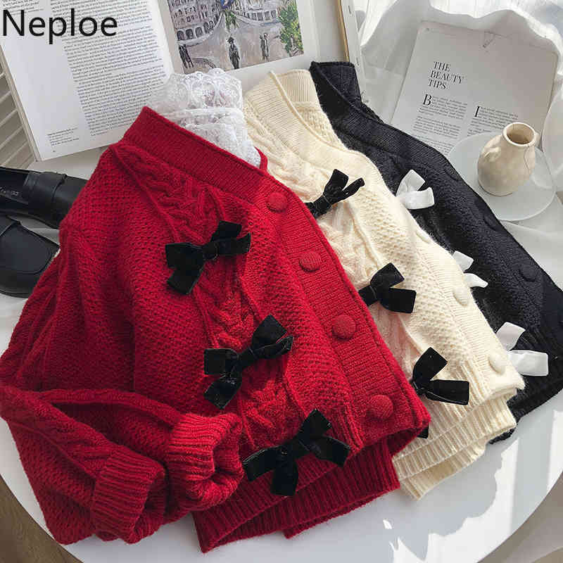 Neploe Spring Sweaters Women Sweet Bow Knitwear Cardigan Female V-neck Single Breasted Knit Short Red Coat Sueter Mujer 4H396 210422