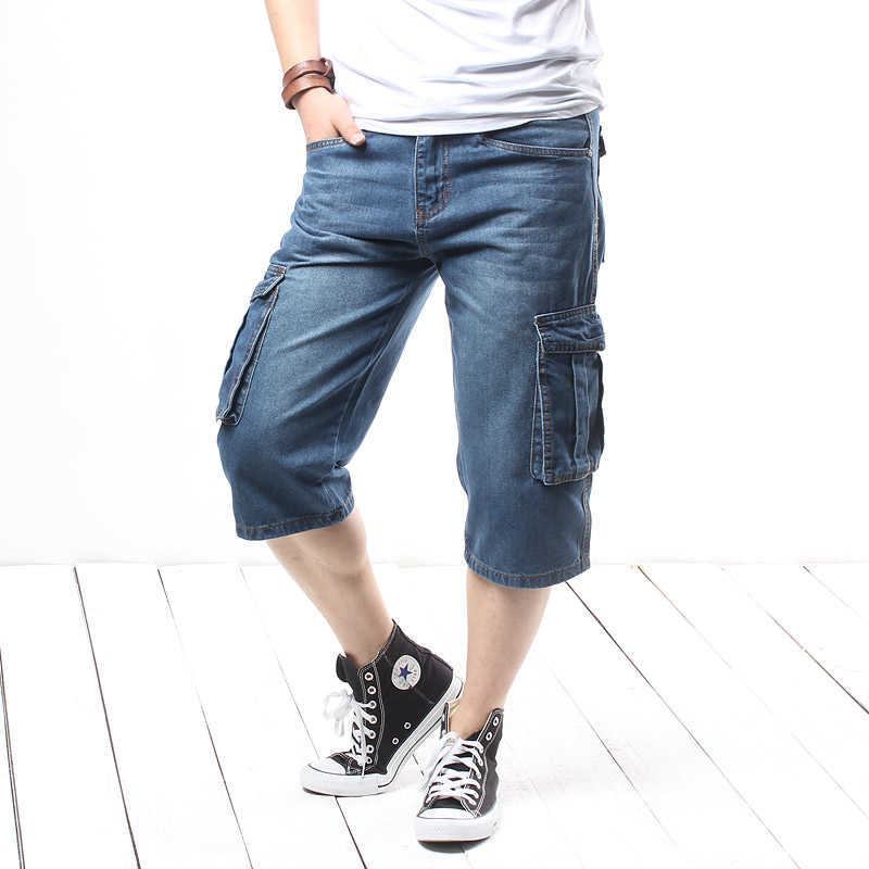 Summer Denim Jean Men Shorts Casual Solid Loose Cargo Knee Length Short Multi Pocket Bermuda Male Long Big Tall Size 210714