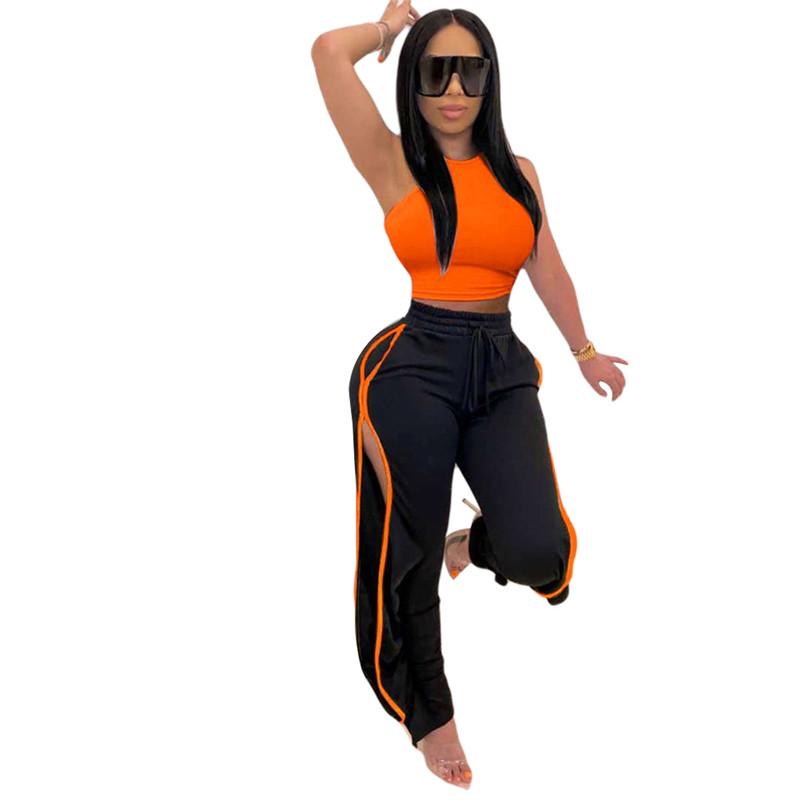 Women Sexy 2pcs Sets Slim Short Tank + Long Pants Tracksuits Summer Sleeveless Solid Color Vest Side-opened Sport Trousers Suits Women's