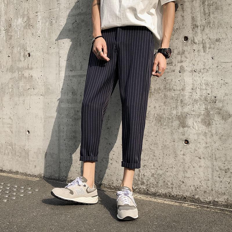 Men's Trousers 2021 Summer Nine-point Small Feet Loose Casual Pants Striped Large Size M-5XL Campus
