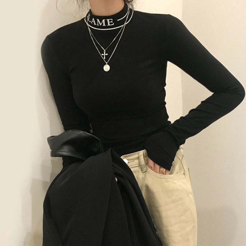 Nomikuma Korean Letters Turtleneck Women T Shirts Stretch Slim Autumn Winter Warm Bottom Tee Tops New Sexy Tshirt 6C718 210427