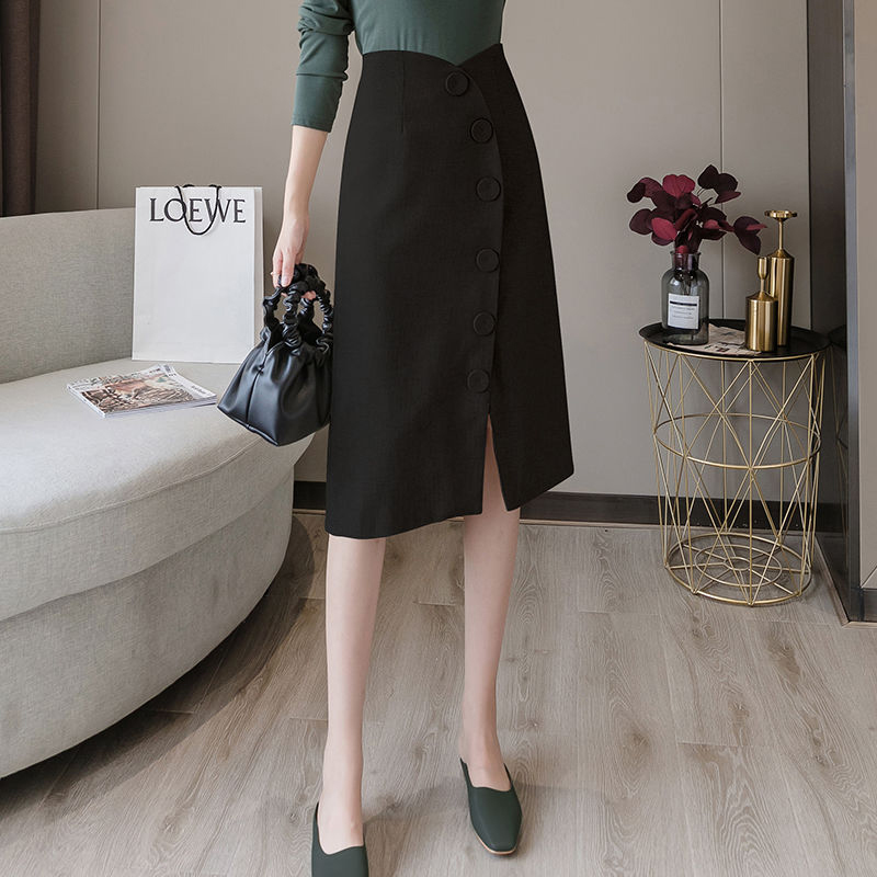 Arrival Autumn Korea Fashion Women High Waist Single-breasted Asymmetrical Long Skirt Elegant Slim OL Skirts S290 210512