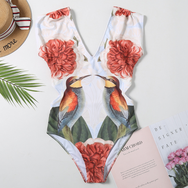 Sexy Cap Sleeve Swimsuit Women Swimwear Bird Print Bodysuit Summer Beach Bathing Suit Monokini Swim Wear S~XL 210520