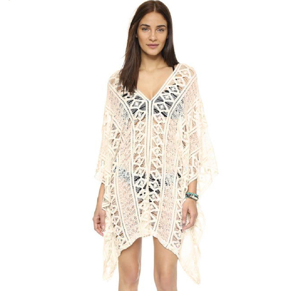 Sexy Hollow Out Bats Sleeve Summer Dress Beach Cover Up Plus Size Women Beachwear White Lace Tunic Bikini Cover-ups Q889 210420