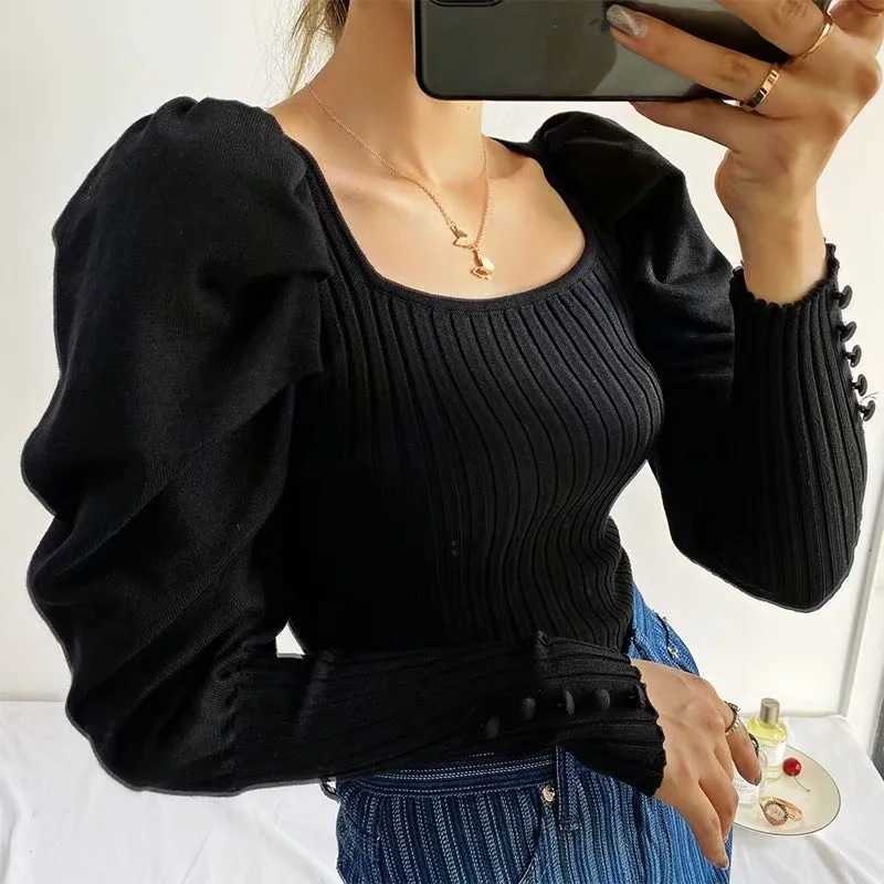 Sweater Women women's French restoring ways is knitting party brought the hubble-bubble sleeve sweater 210805