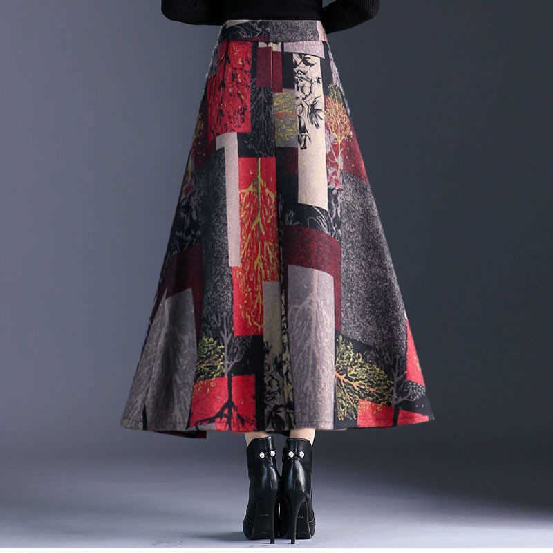 Autumn Winter A-line Long Skirts Womens Maxi Female High Waist Warm Wool Elegant Office Lady Printing Plaid 210619
