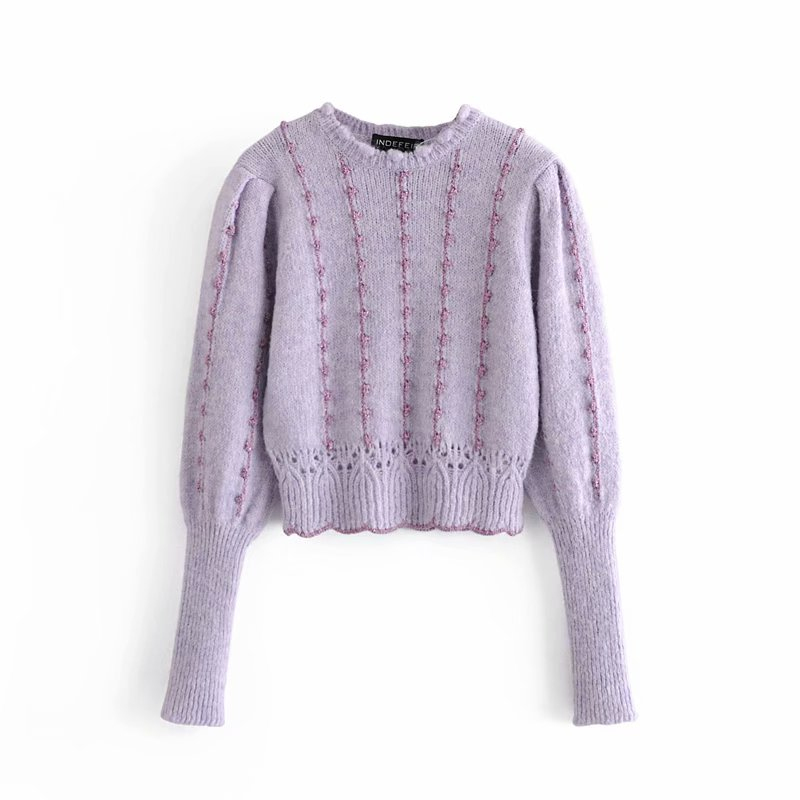 Casual Woman Purple Lace Collar Sweater Fashion Ladies Autumn Lantern Sleeve Knitted Top Female Sweet Embroidery Tops 210515