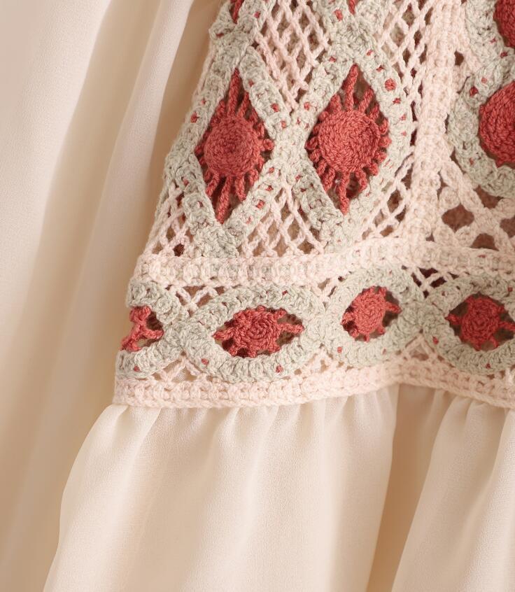 Ethnic Retro Long Puff Sleeve Spliced Lace Crochet Flower Short Shirt Women Loose Pullover Cropped Blouse Girl's Tops 210429